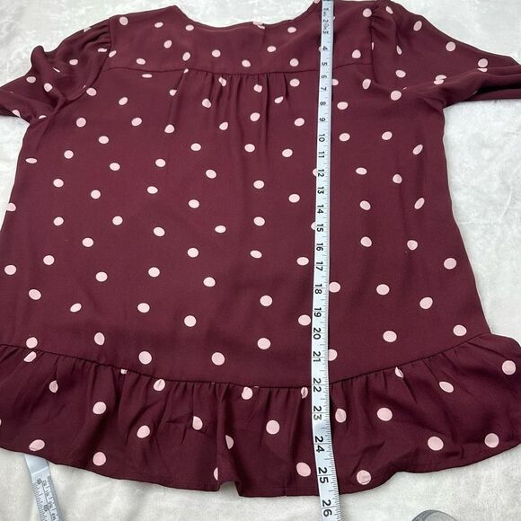 Loft Women's Size M Long Sleeve Split Neck Peplum Blouse Maroon With White Dots - Picture 11 of 11